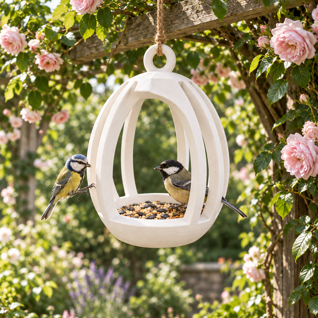 Ribbed feeder near a rose-covered pergola