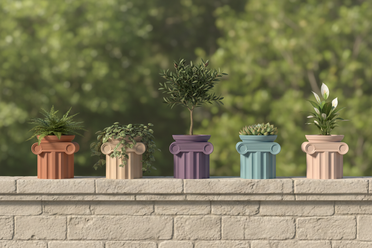 Five Roman Planters terracotta beige purple blue pink Ionic column fluted shaft each holding small houseplant pale stone garden wall soft afternoon sunlight wide editorial