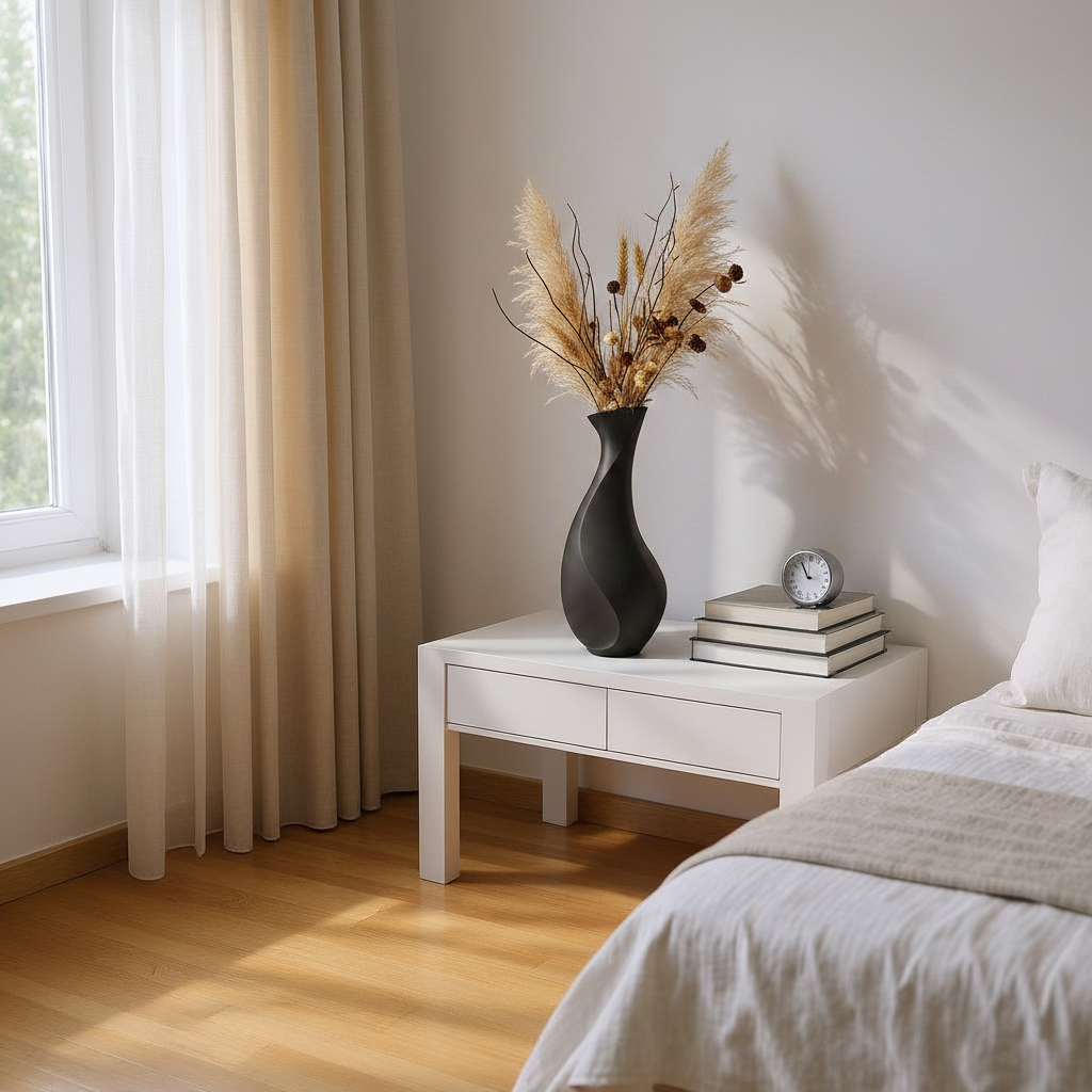 Aura vase in matte black with dried flowers on a wooden shelf in a minimalist interior