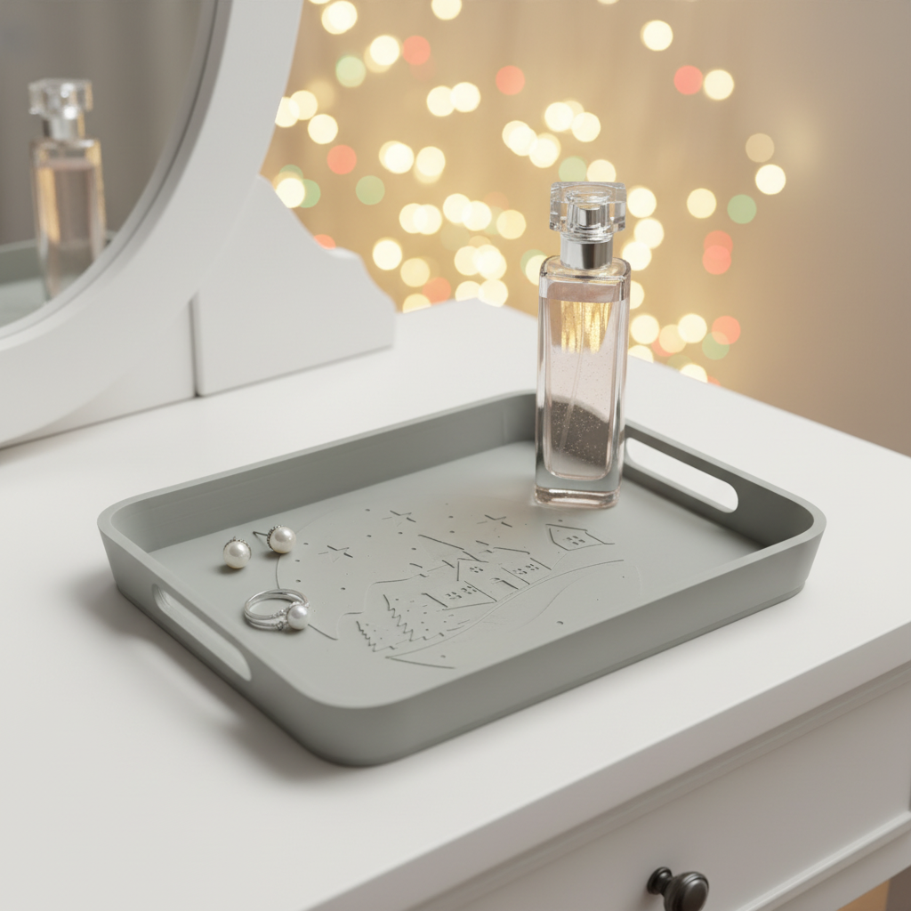 Winter village tray as jewellery organiser on white dressing table lifestyle