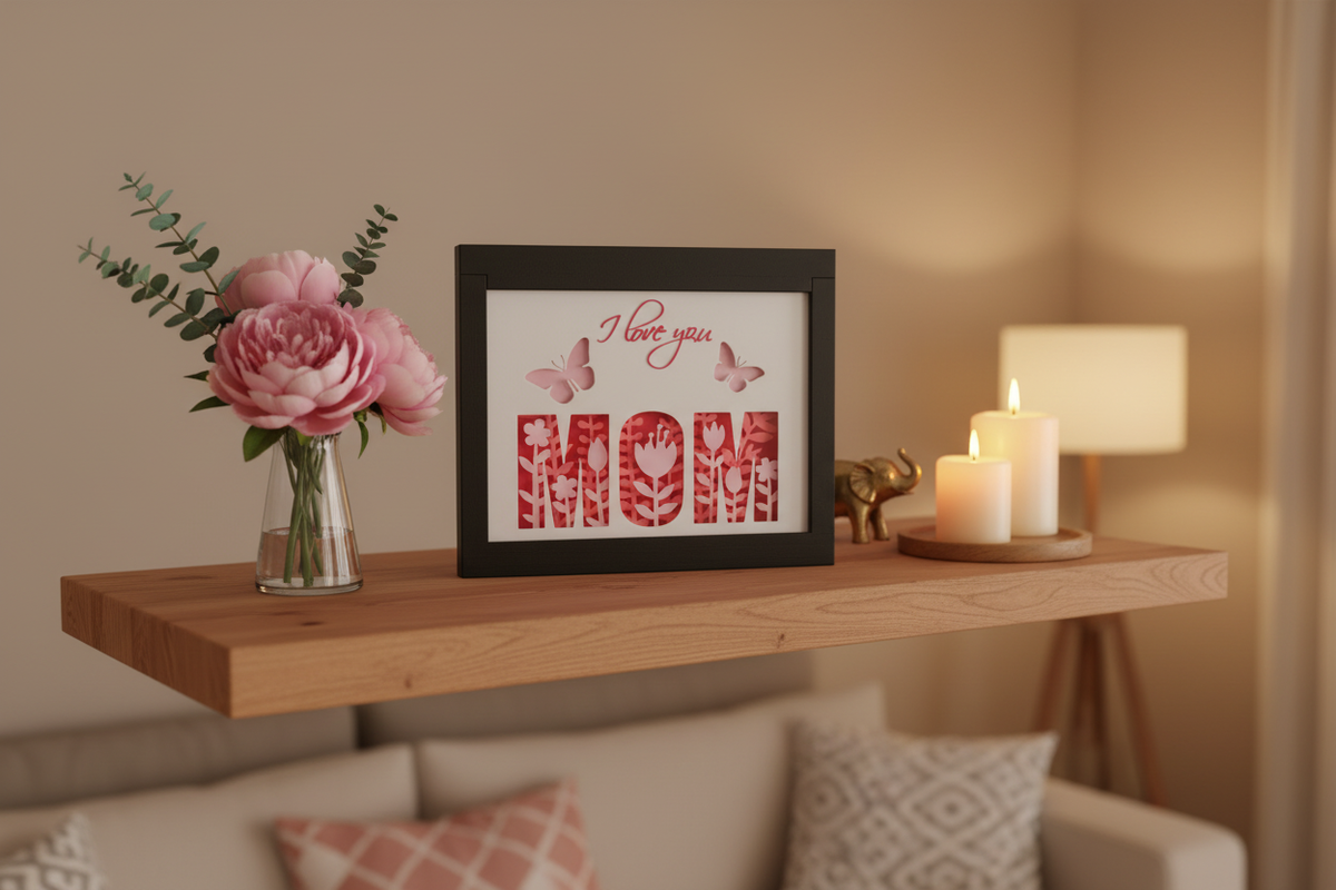 Mother's Day MOM shadow box on living room shelf with pink flowers and candles