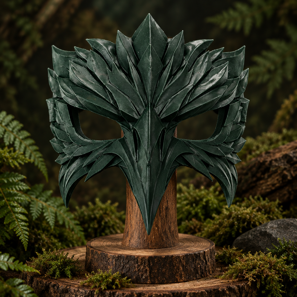 Forest-green layered raven mask in a woodland photo studio, strap not included