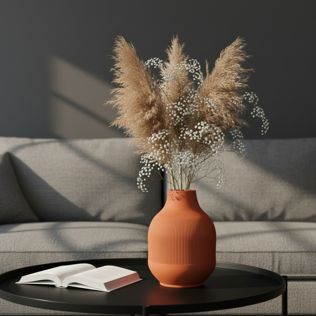 Terracotta orange ribbed vase with pampas grass on a black coffee table