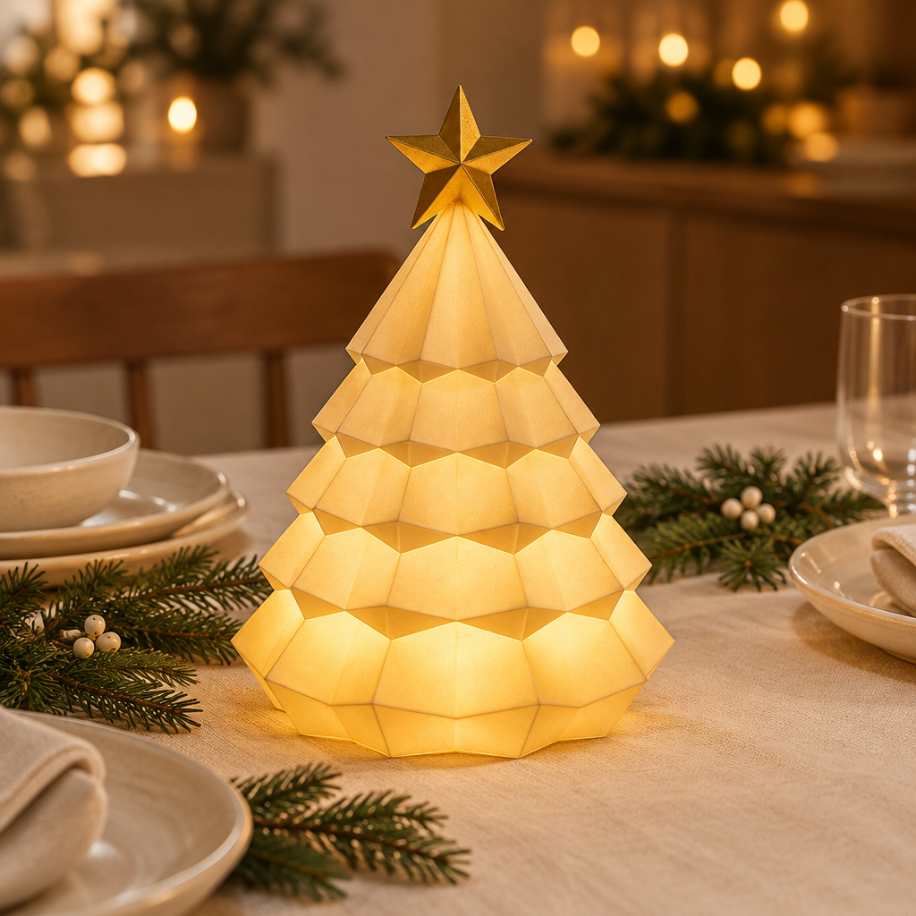 Gold-body faceted Christmas tree tealight holder with gold star styled on a dining table