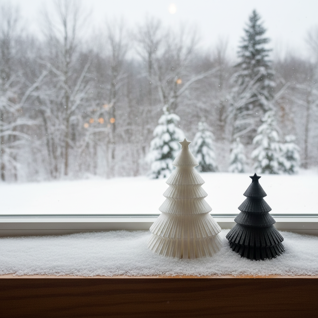White and black ribbed Christmas tree duo on snowy window sill Scandi lifestyle