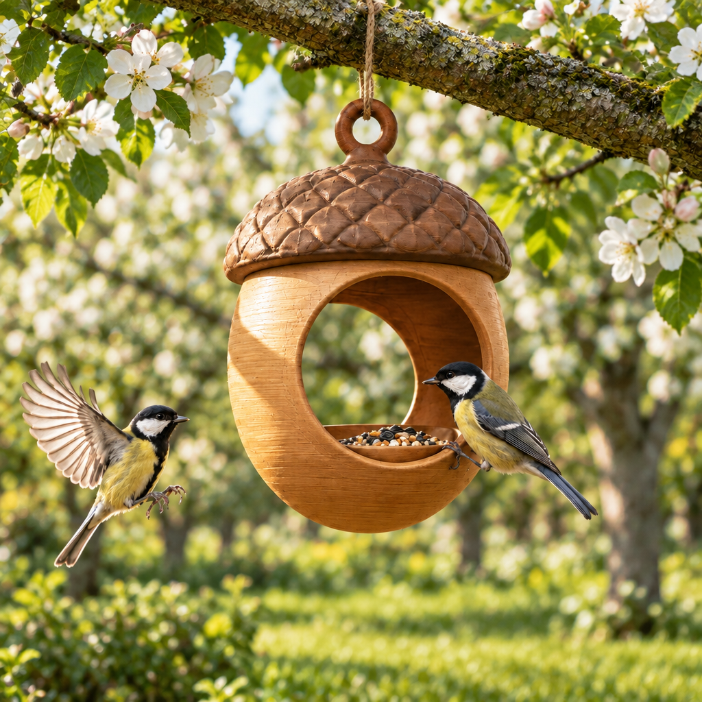 Acorn feeder in spring orchard