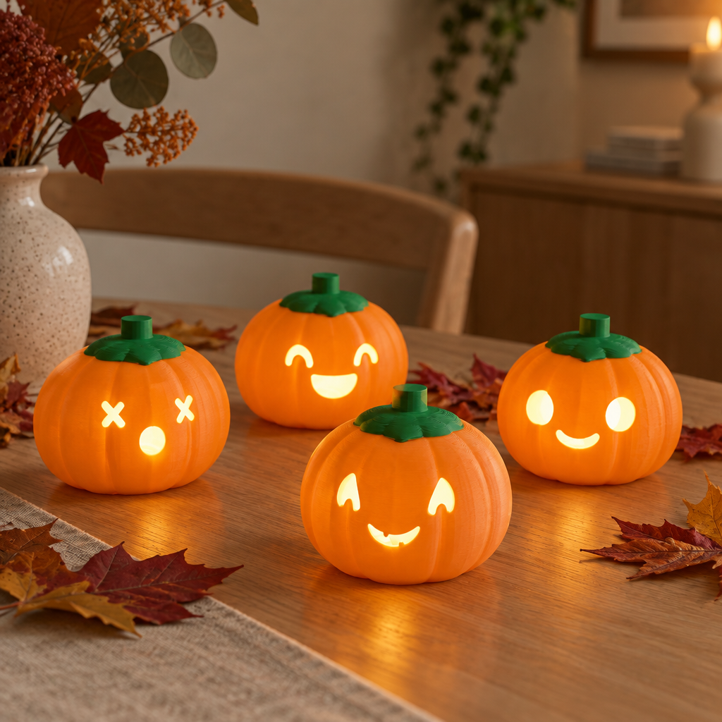 Four pumpkin lanterns on a dining table