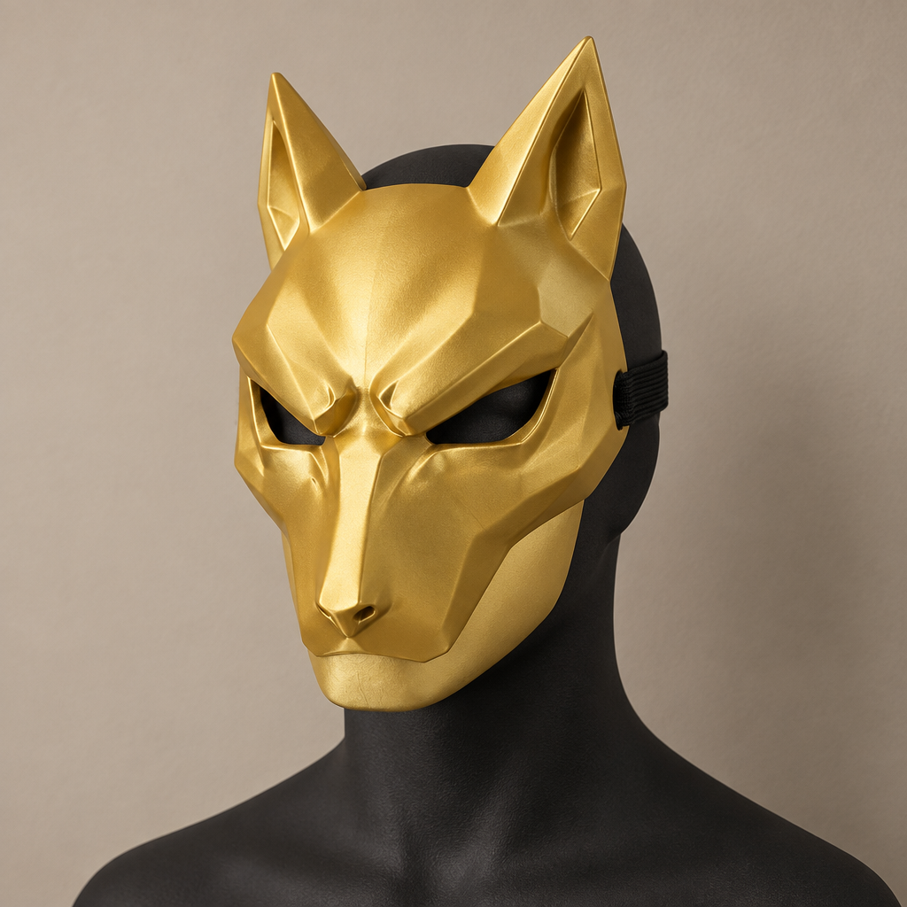 Gold angular Kitsune Wolf Mask shown in a warm studio
