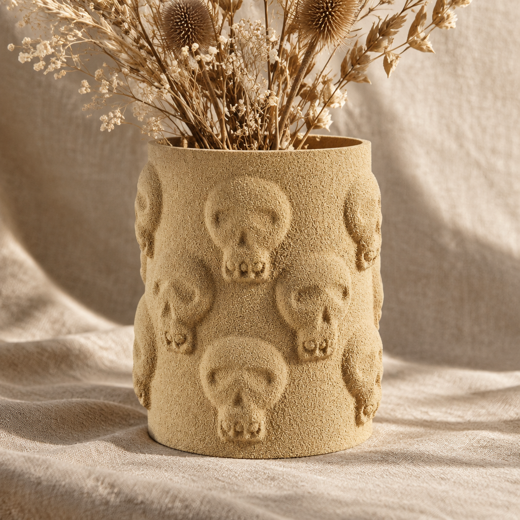 Close-up Skull Vase on linen backdrop