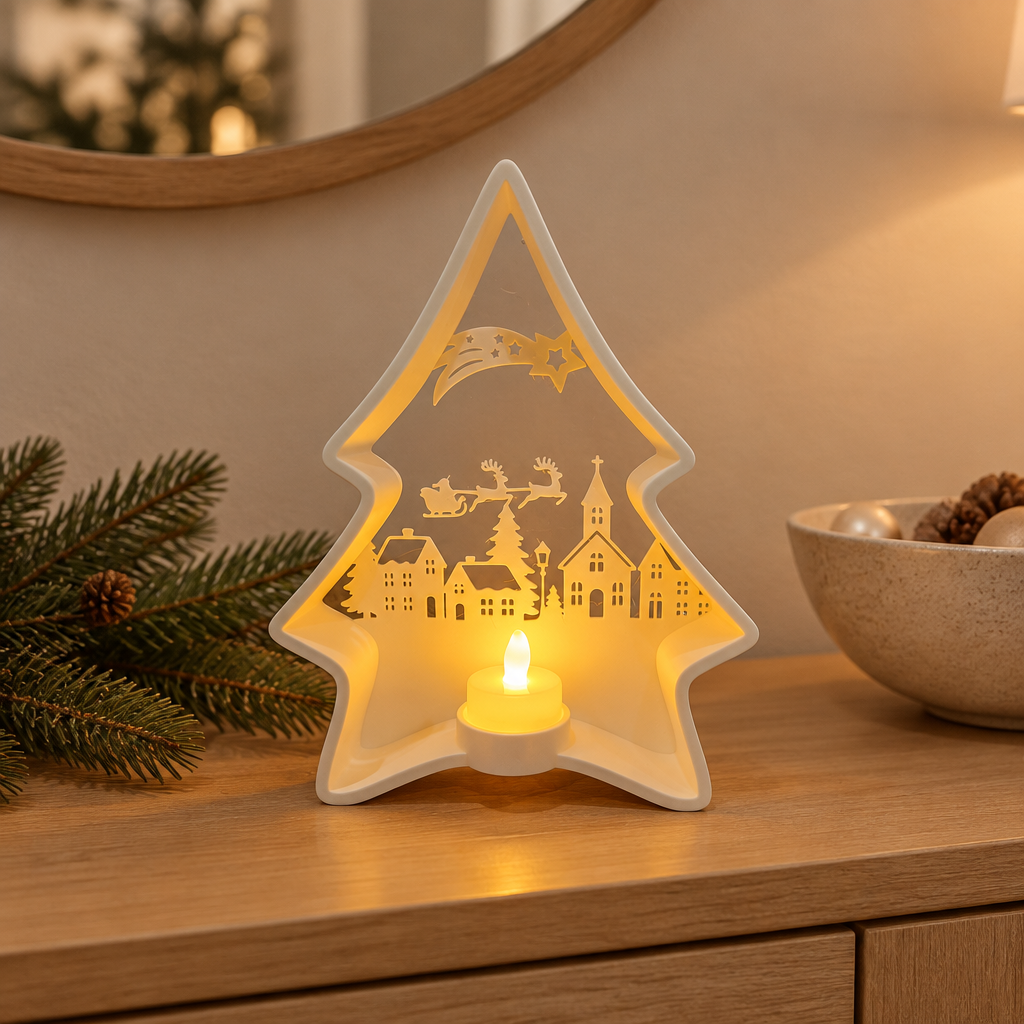 Christmas tree village tealight holder on a light oak entryway console