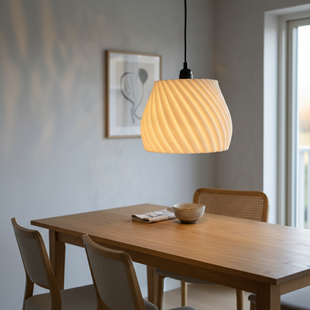 White twisted pendant above Scandinavian dining table - lifestyle