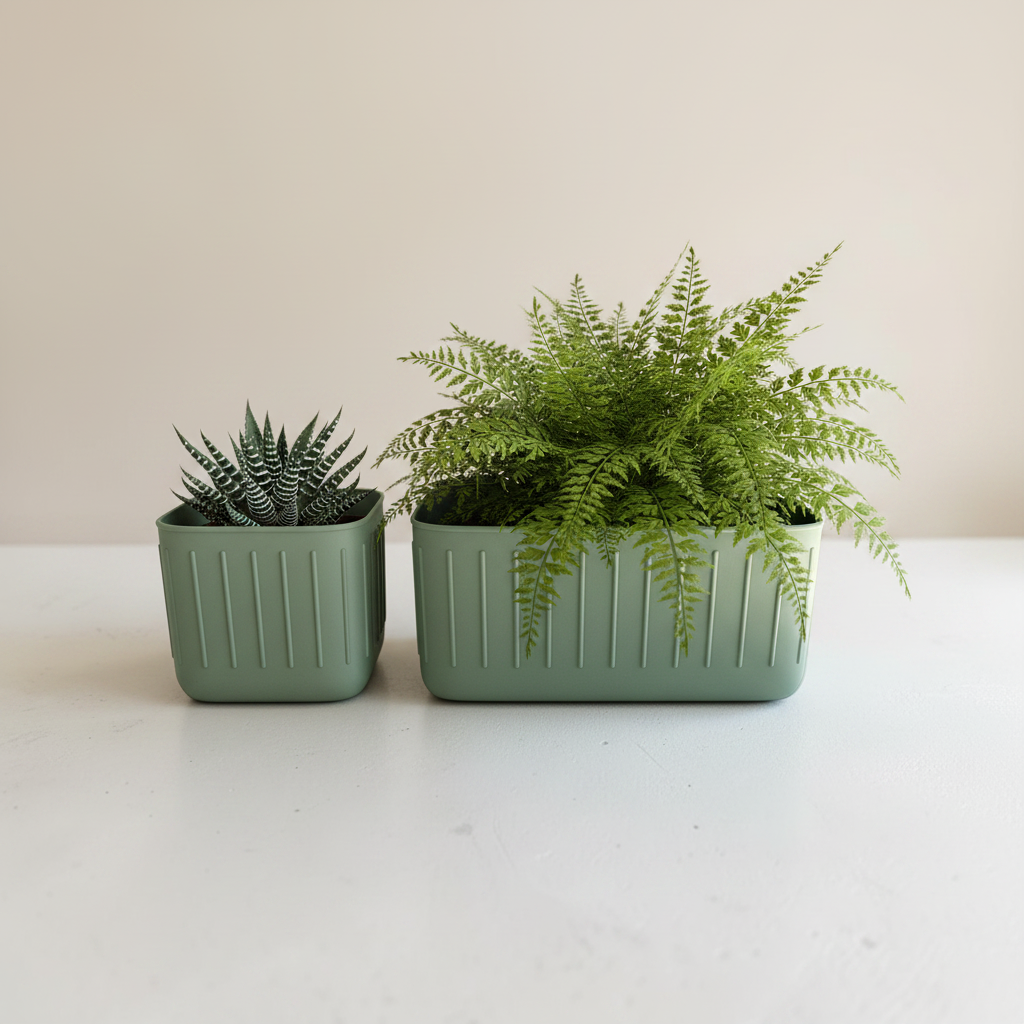 Sage green Scandinavian ribbed pot pair on white windowsill with fern and succulent