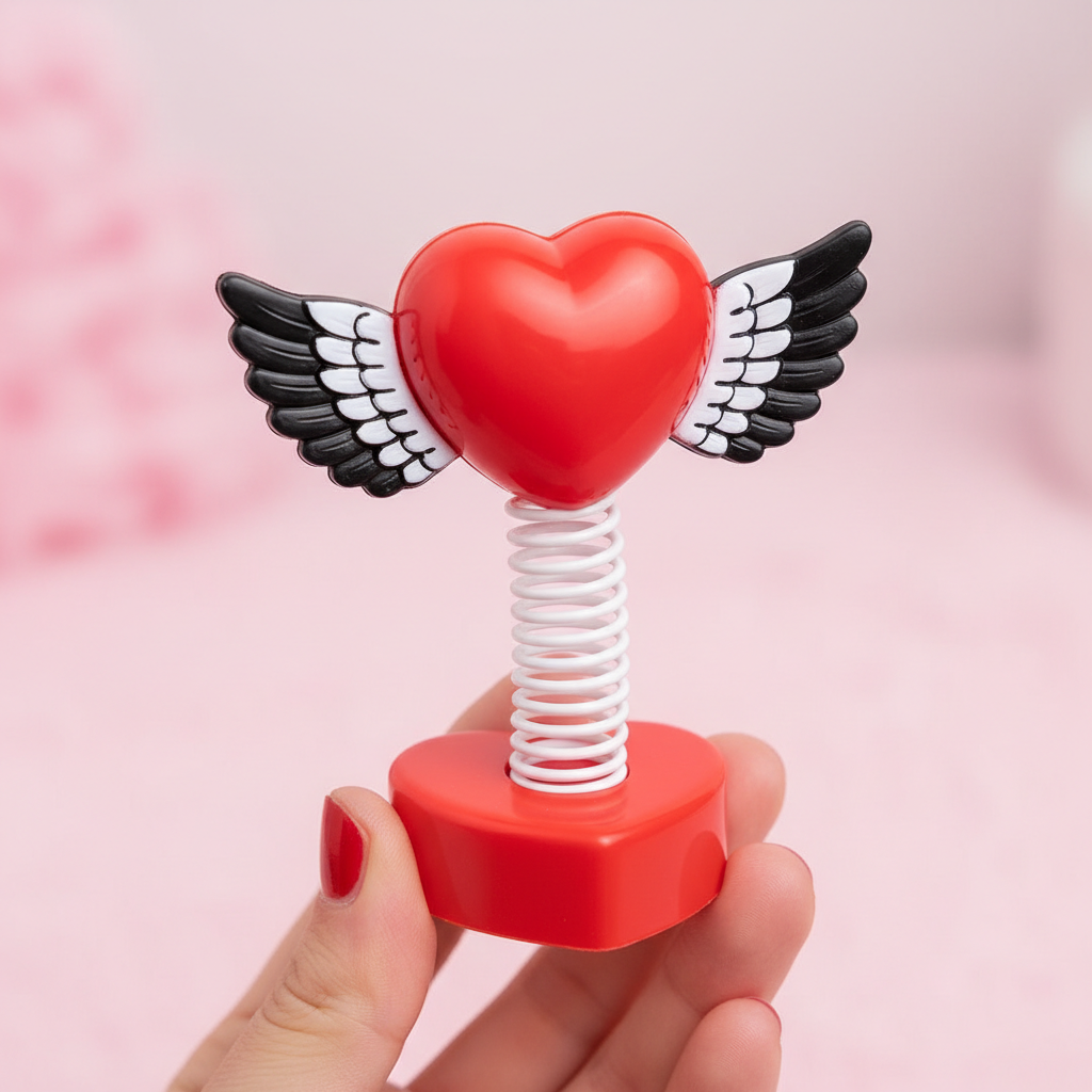 Valentine's Day Springie winged heart on spring — held in a woman's hand against a pastel pink background