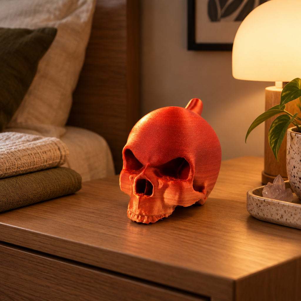 The orange skull ornament on a bedside table beside folded linen and a warm lamp.
