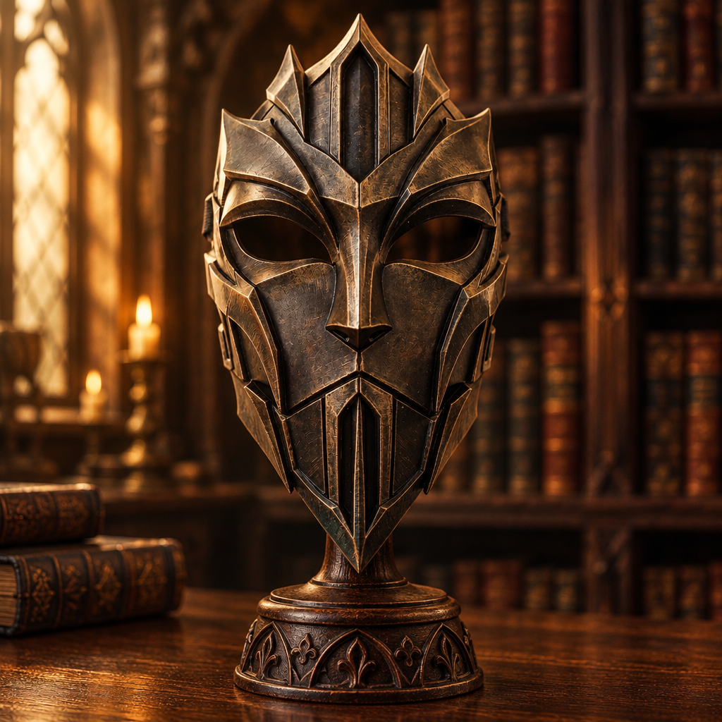 Bronze Cathedral Knight mask in a gothic library, no strap included