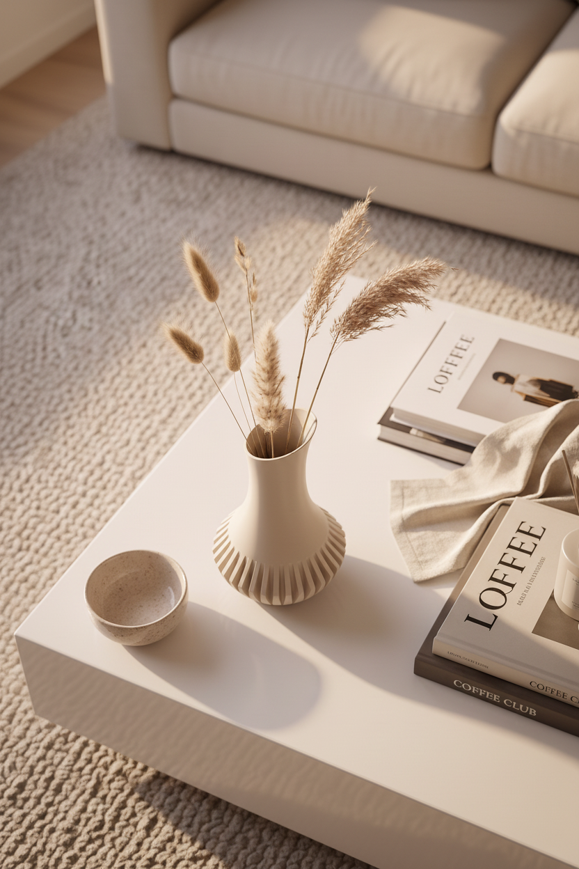 Veluna vase in beige flat lay on coffee table