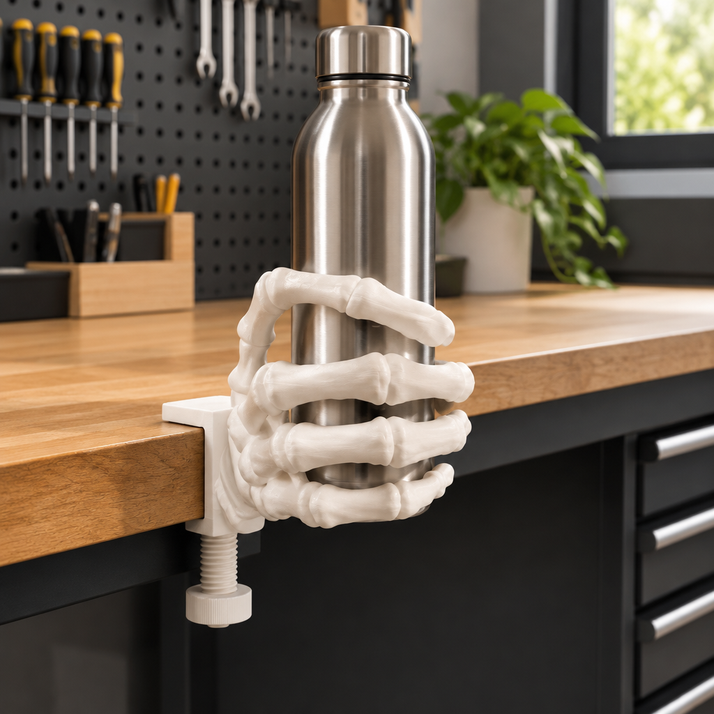 White skeleton hand holder clamped to a workbench with a steel bottle