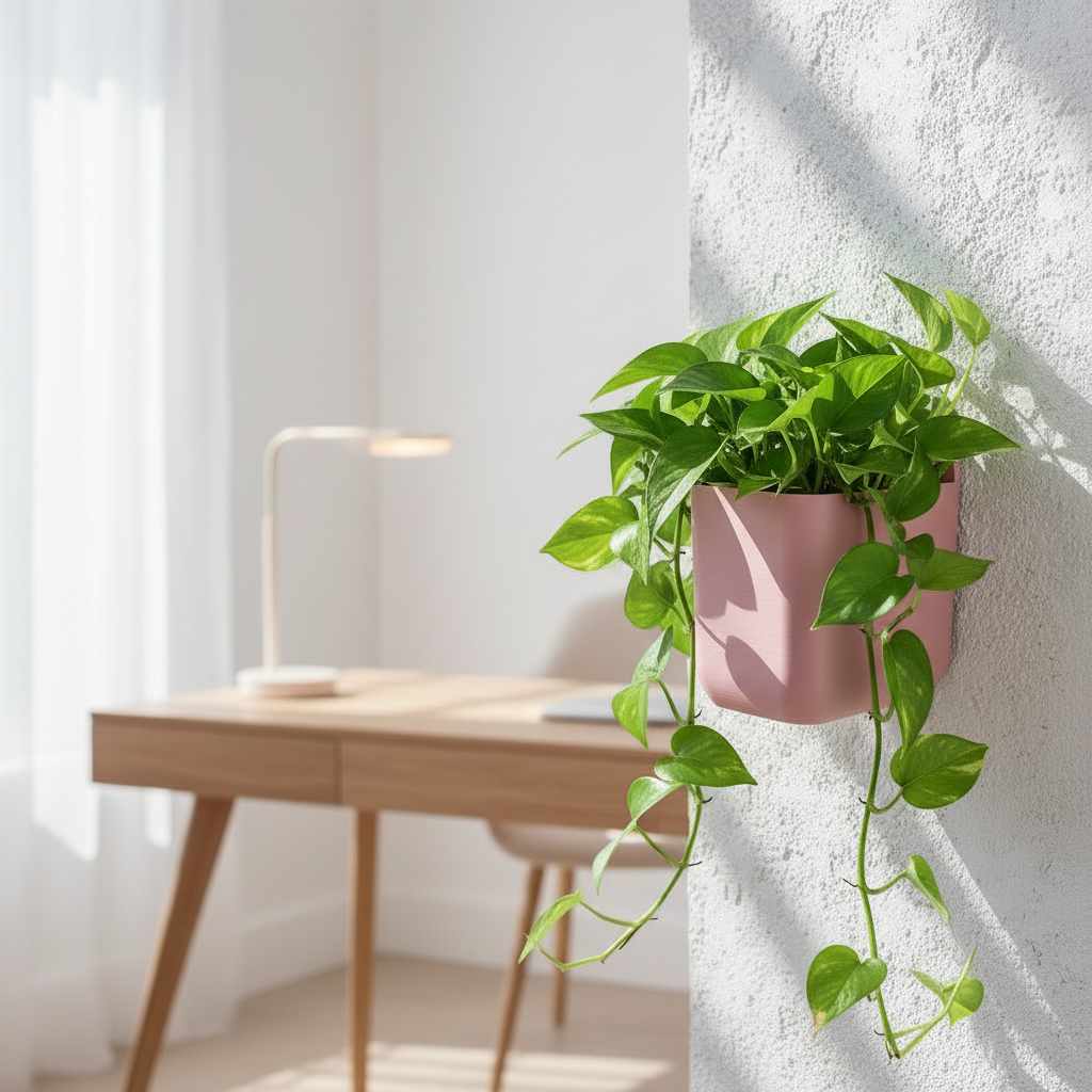 Dusty pink wall planter with pothos on white wall in elegant home office