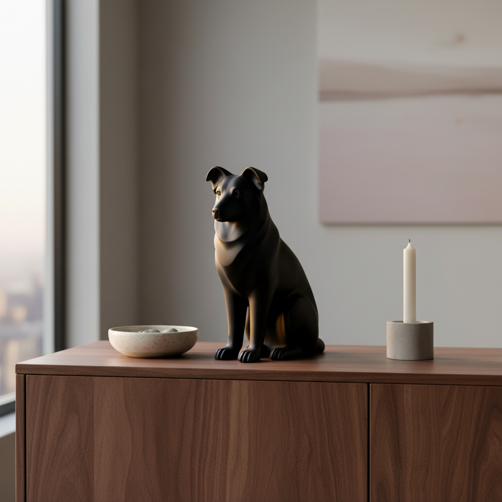 Black Australian Shepherd sculpture on a walnut sideboard with a candle and bowl