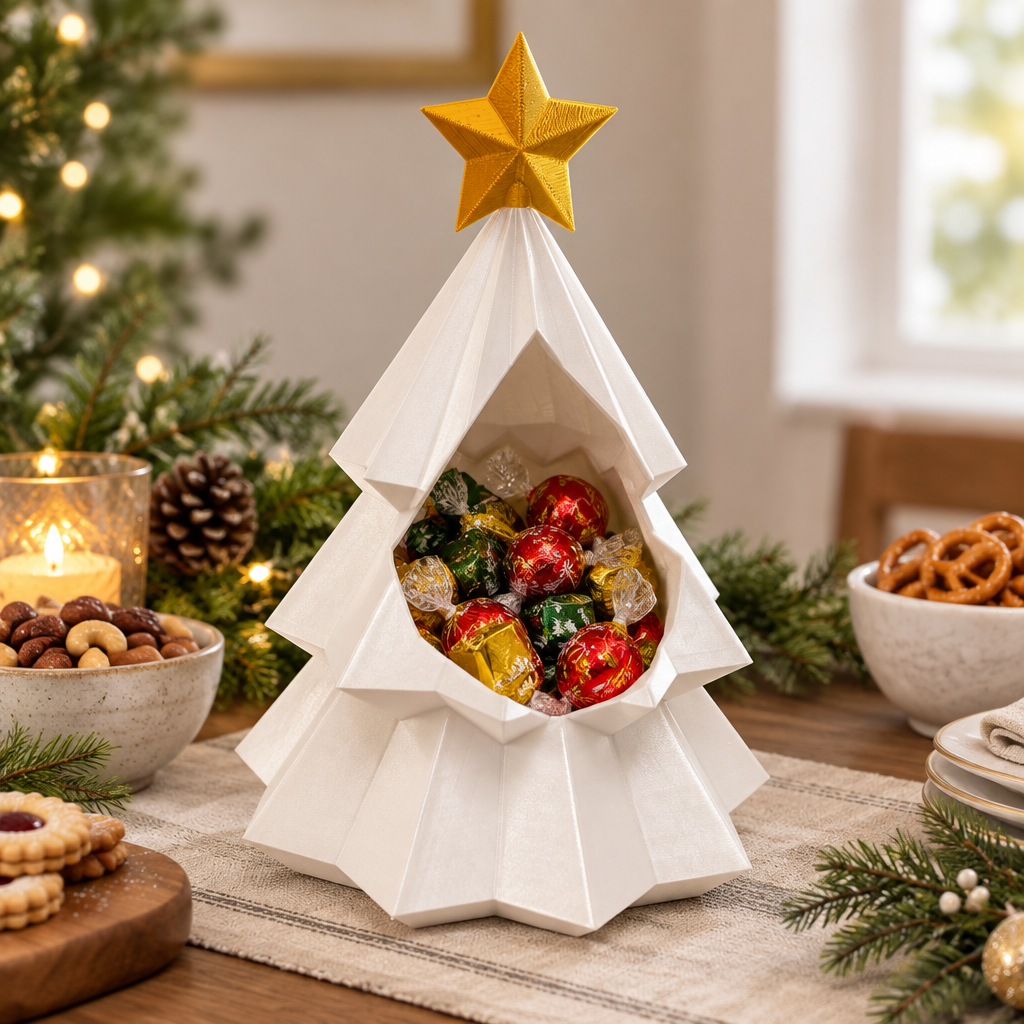 White Christmas tree snack bowl with wrapped chocolates on a festive snack buffet
