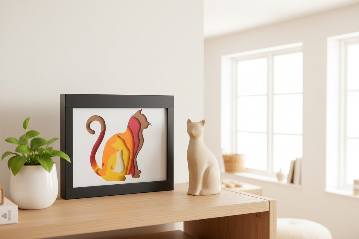 Cat shadow box on Scandinavian shelf next to plant and cat figurine
