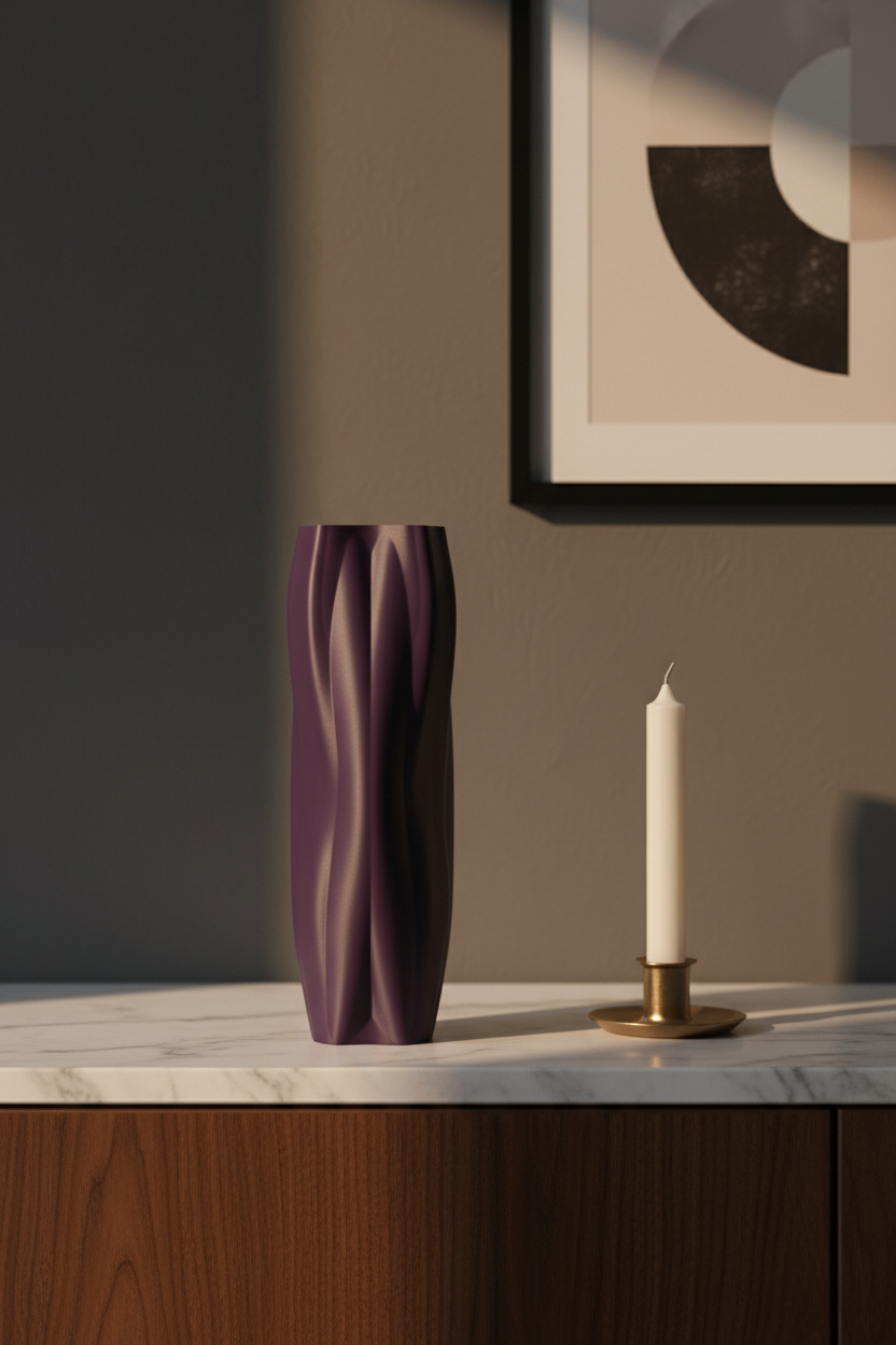 Purple wave vase sculpture on marble bedroom shelf - lifestyle