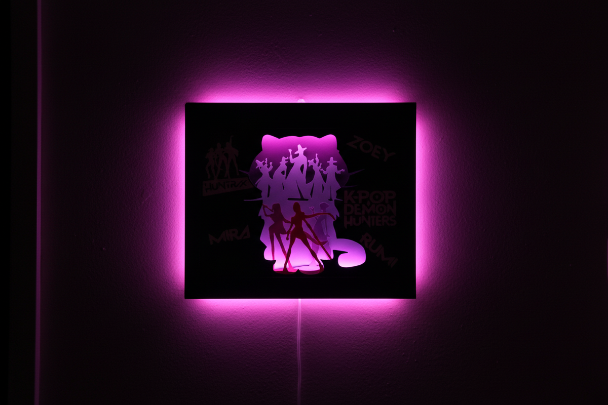 K-Pop Demon Hunters shadow box on a dark wall with vivid neon pink and purple backlighting creating a dramatic glowing stage-like effect