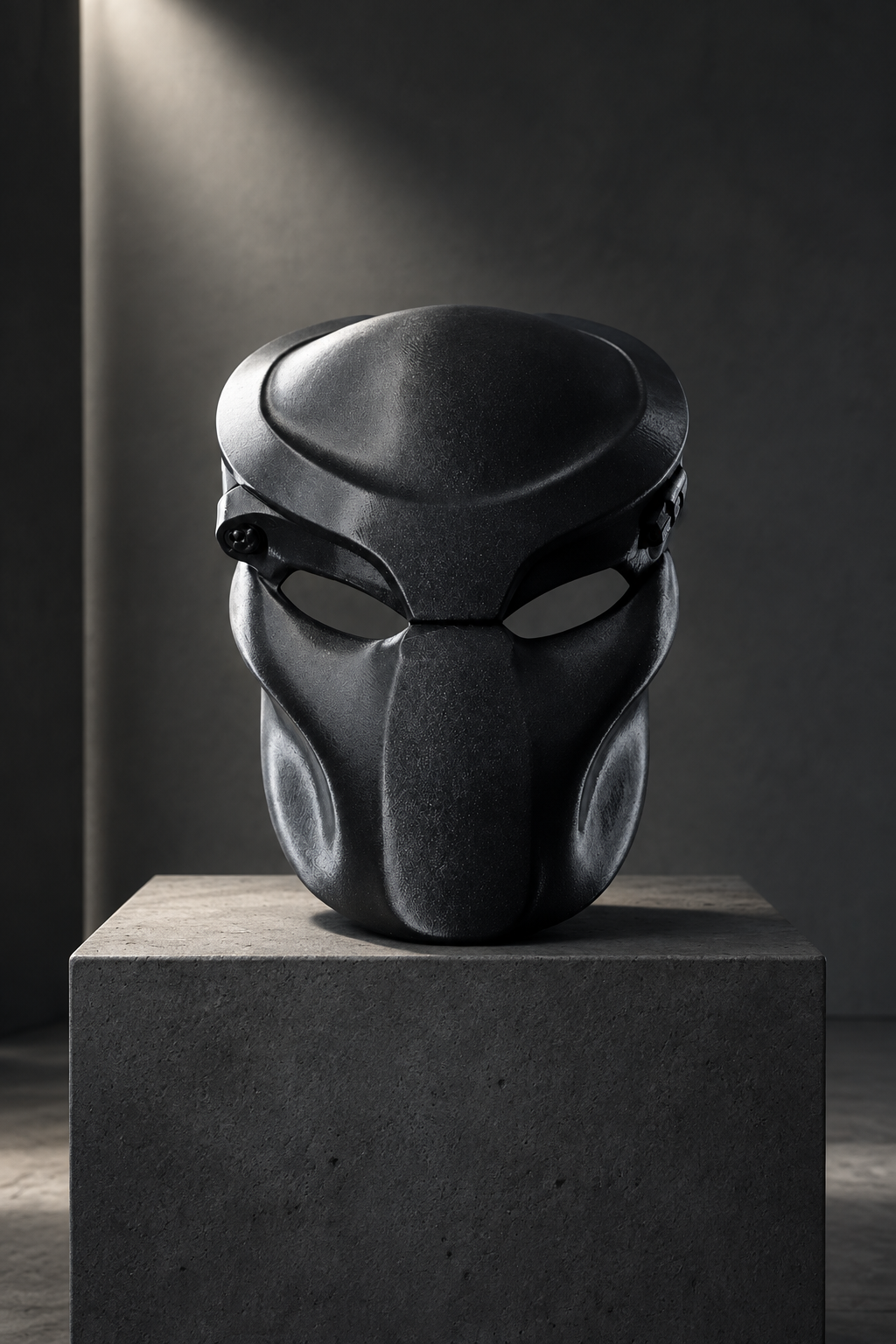 Black Predator Mask displayed on a concrete pedestal in a minimalist dark interior