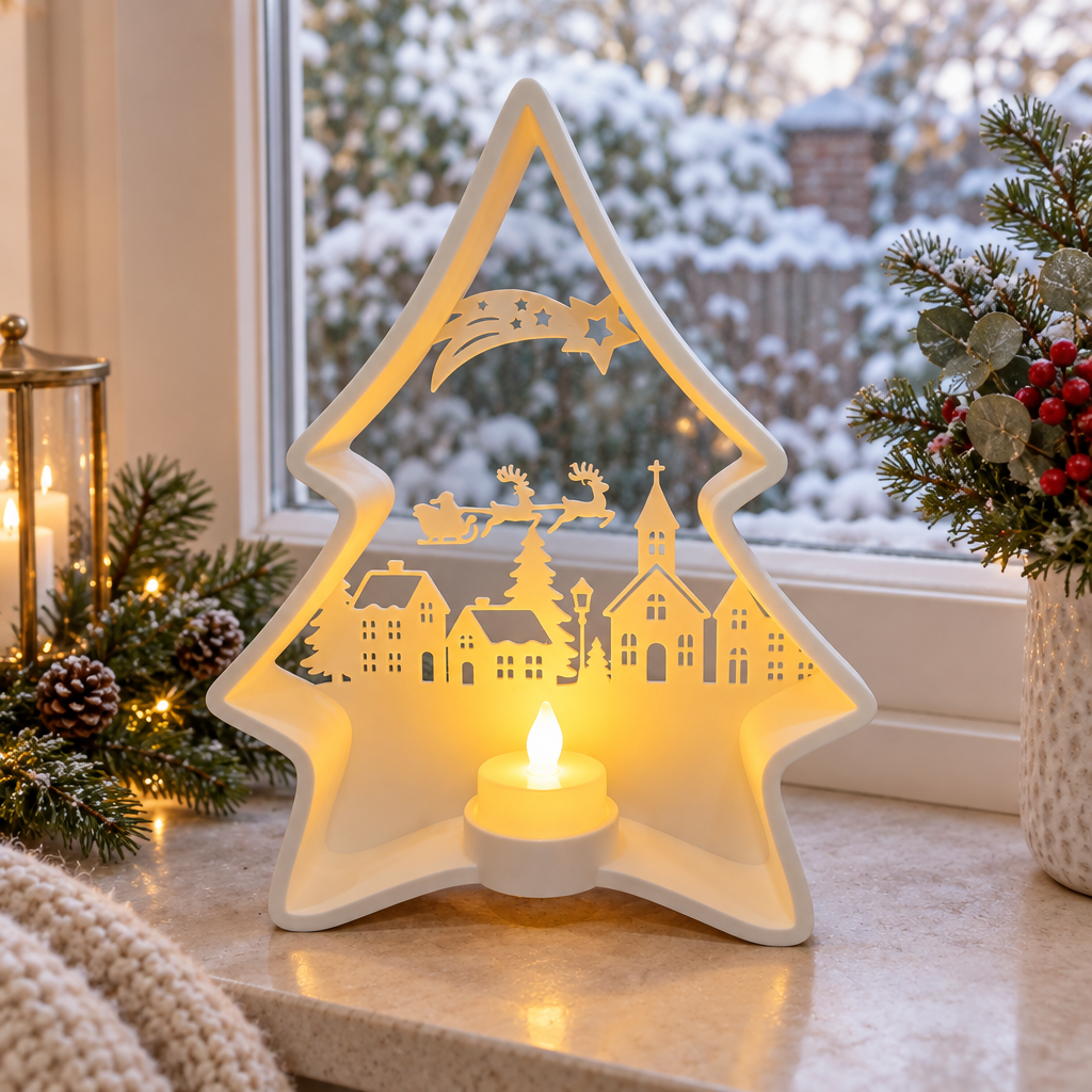Christmas tree tealight holder with a snowy village view through a winter window