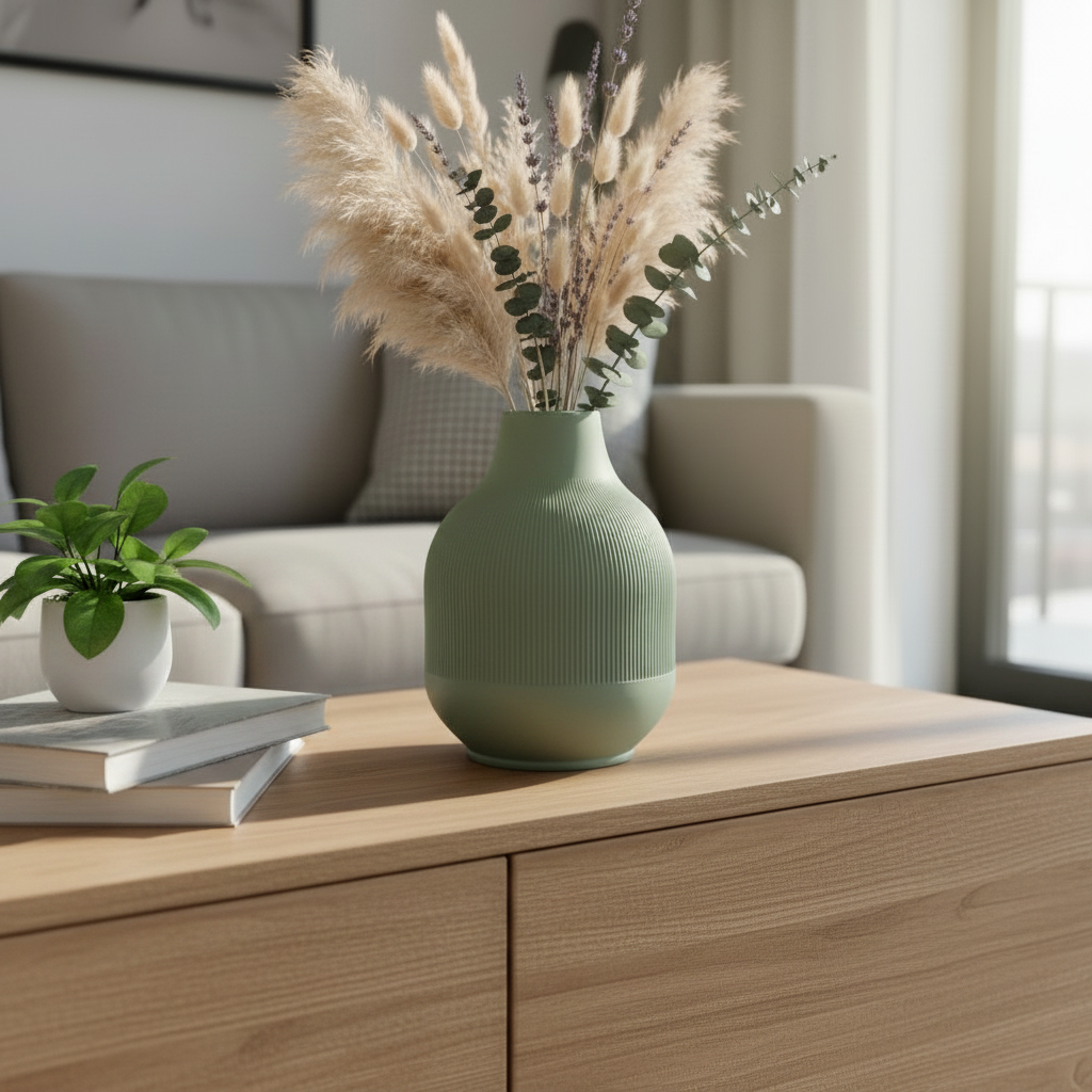 Sage green ribbed vase with pampas grass on a warm oak sideboard