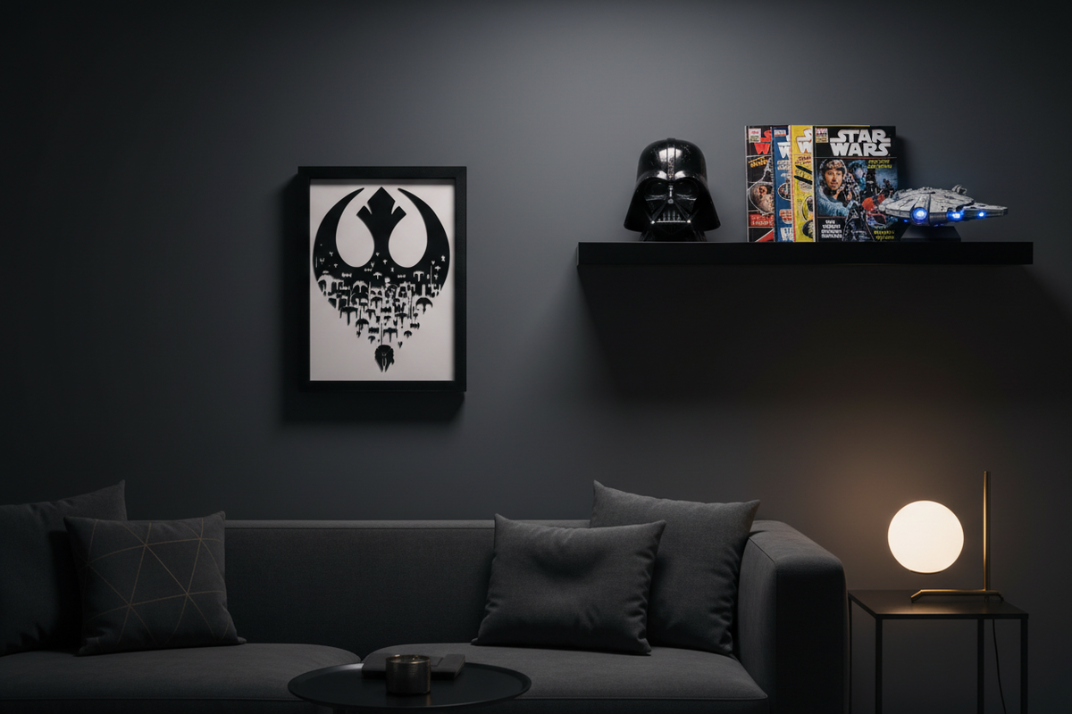 Sparks of Rebellion shadow box hung on a dark feature wall with cinematic moody lighting