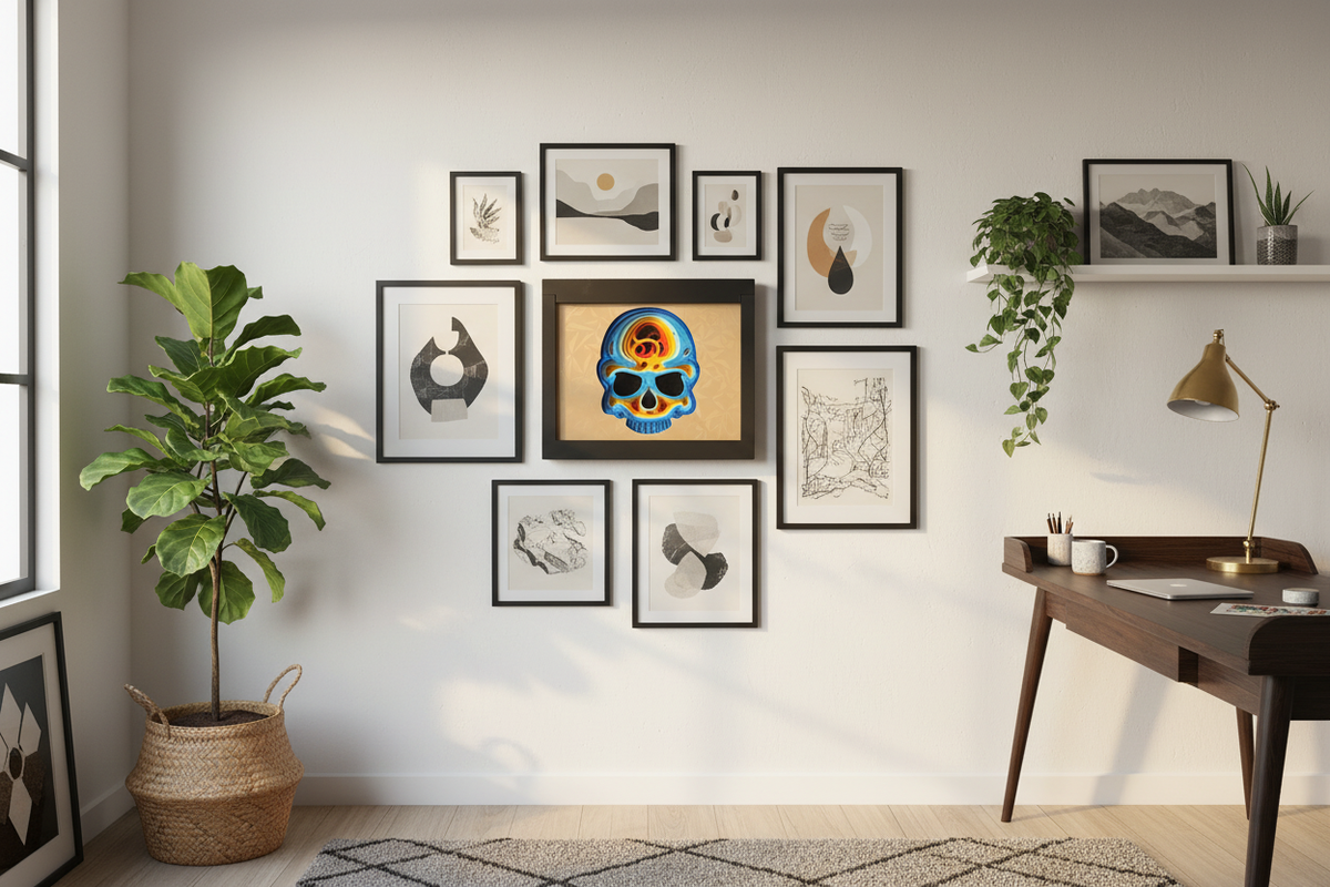 Skull shadow box on a white wall in a contemporary creative workspace with plants and art prints