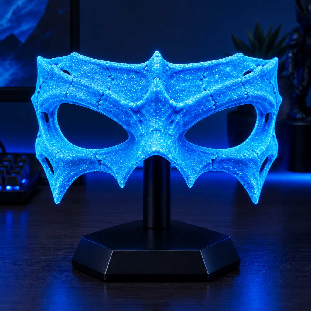 Neon Glitter Glow Blue Bone Wraith Mask displayed at a gaming desk.