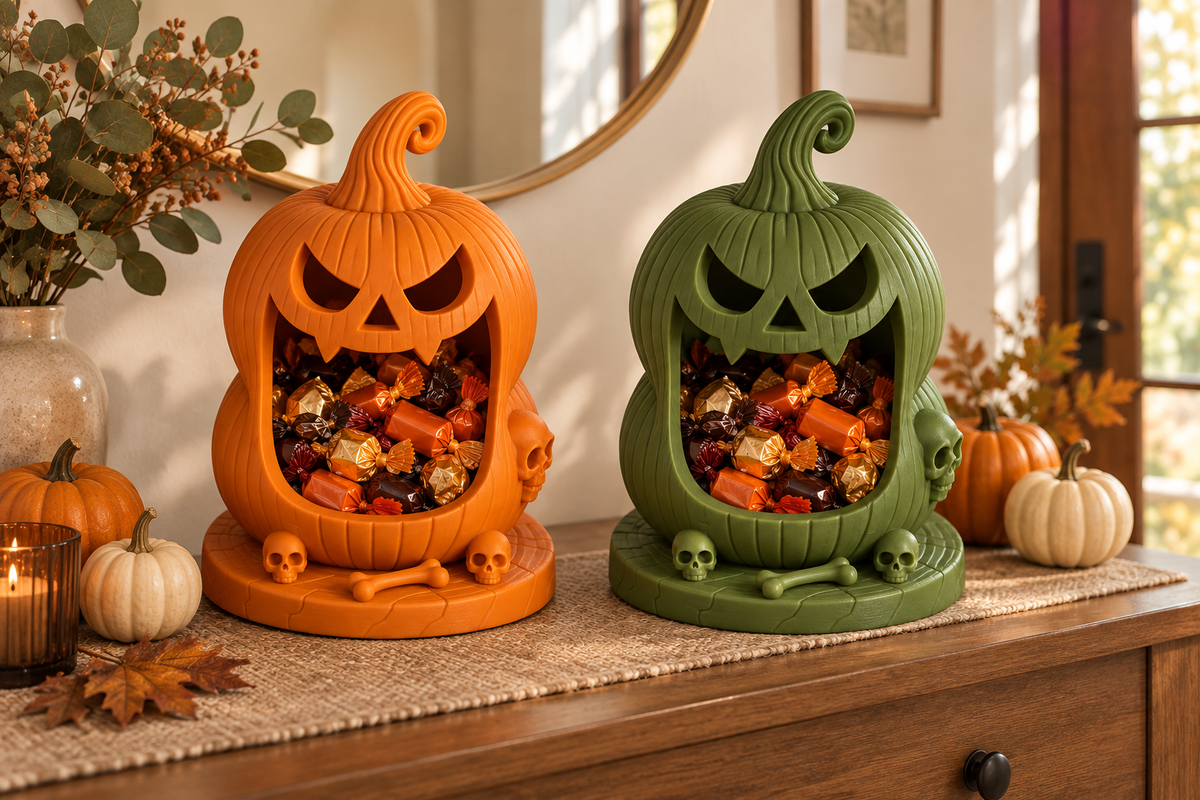 Orange and Green pumpkin sweet holders on a seasonal entry console