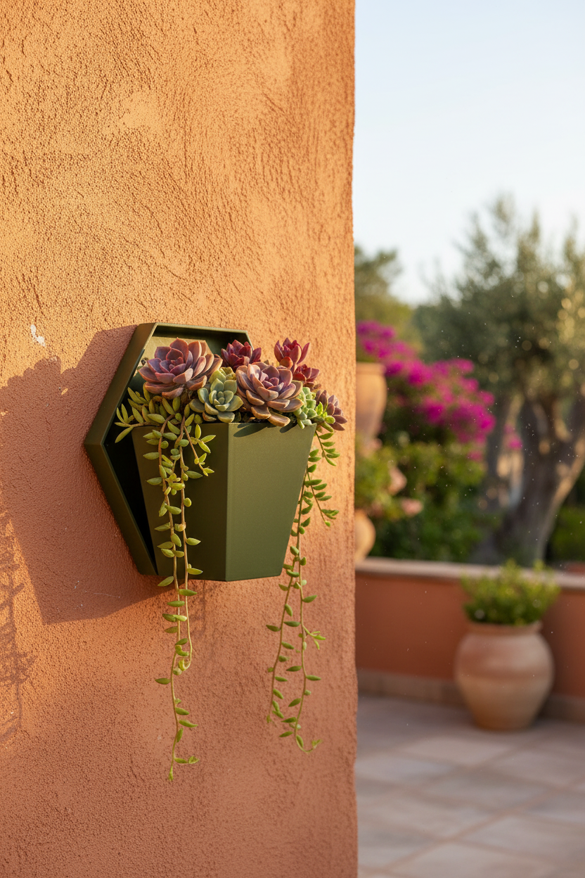 Geometric wall planter with succulents on a terracotta Mediterranean patio wall