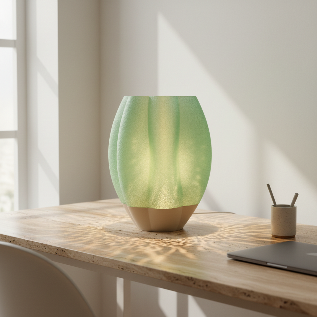Sage green shade beige base on travertine desk - lifestyle