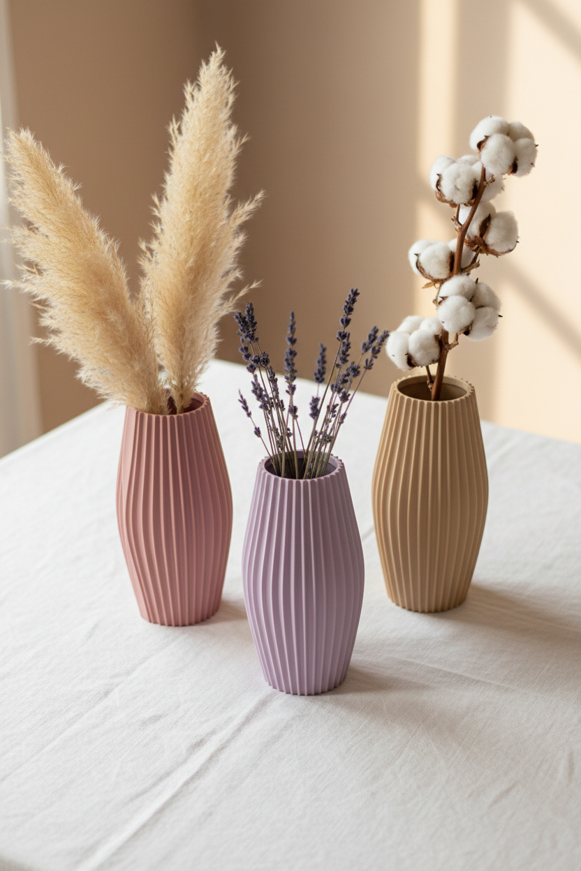Pink lilac beige ribbed vase trio with dried botanicals editorial flatlay - lifestyle