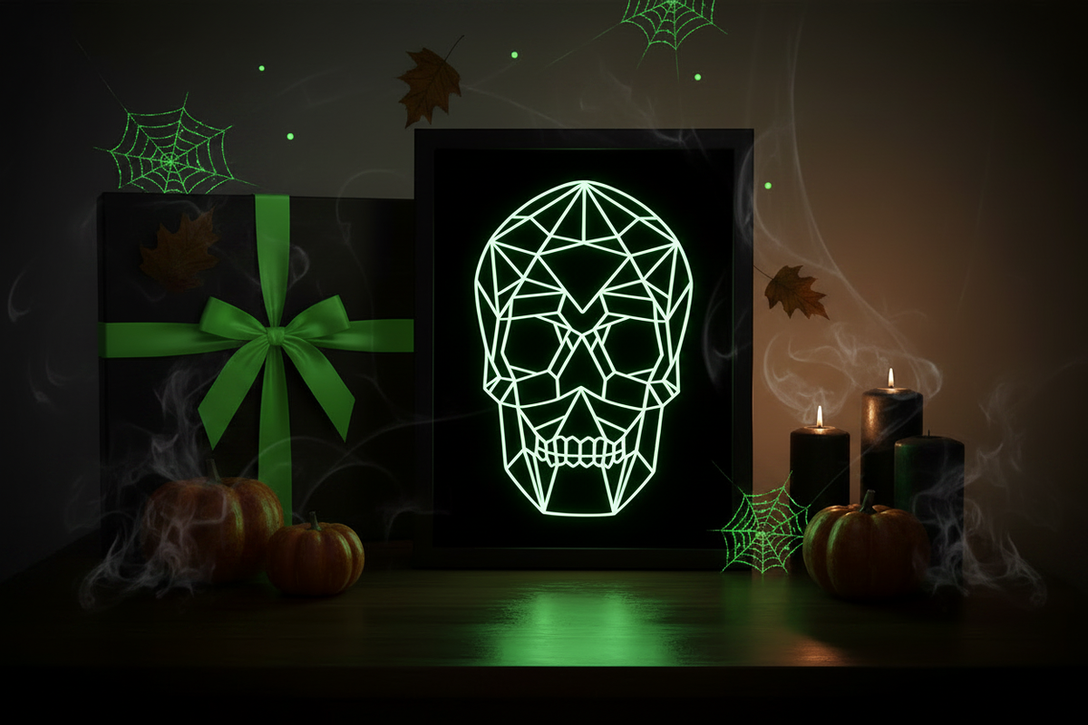 Geometric Glow-in-the-Dark Skull shadow box presented as a Halloween gift in a matte black box with neon green ribbon and Halloween decorations