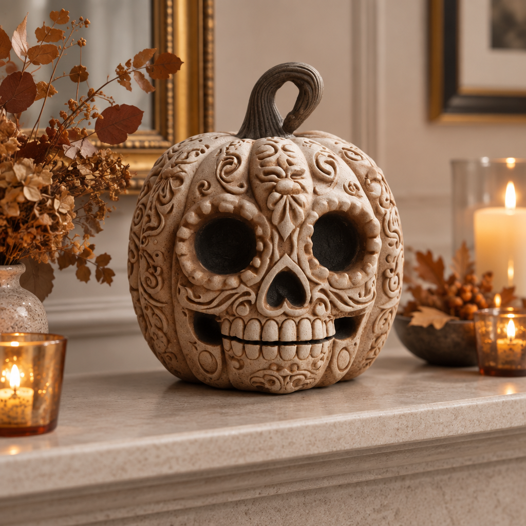 Pumpkin skull ornament displayed on a light stone mantel with autumn foliage and candlelight