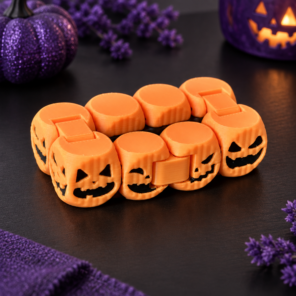 Orange jack-o-lantern fidget chain on a black coffee table