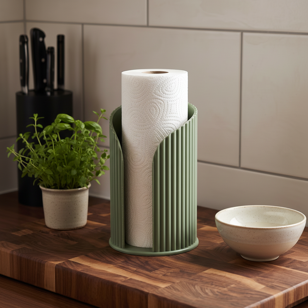 Inca Ribbed Paper Towel Holder - green colourway with kitchen roll on wooden counter, herbs and ceramic bowl in background