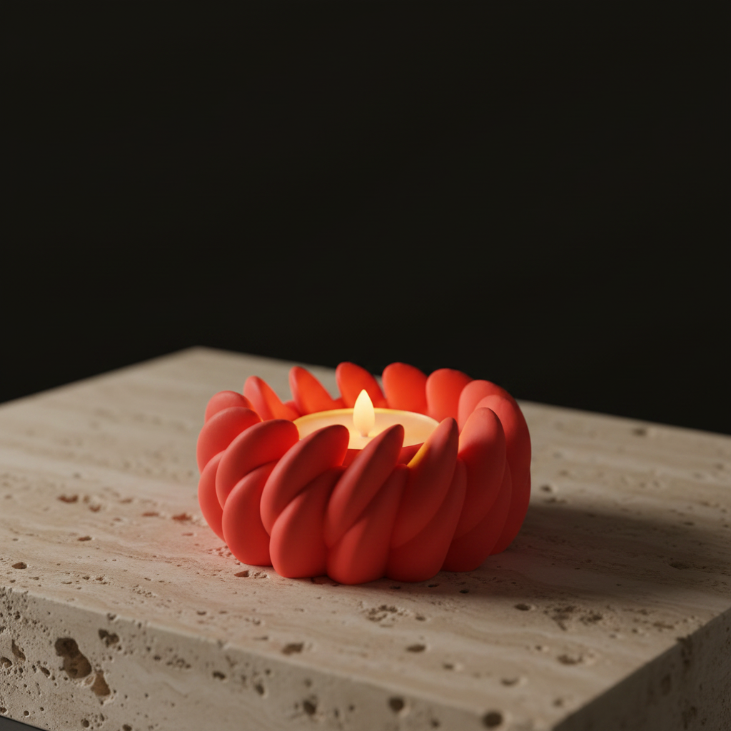 Swirl Tealight Holder vivid coral red spiral twisted petal texture intense LED glow macro close up pale travertine dark studio raking light spiral ridge detail square editorial