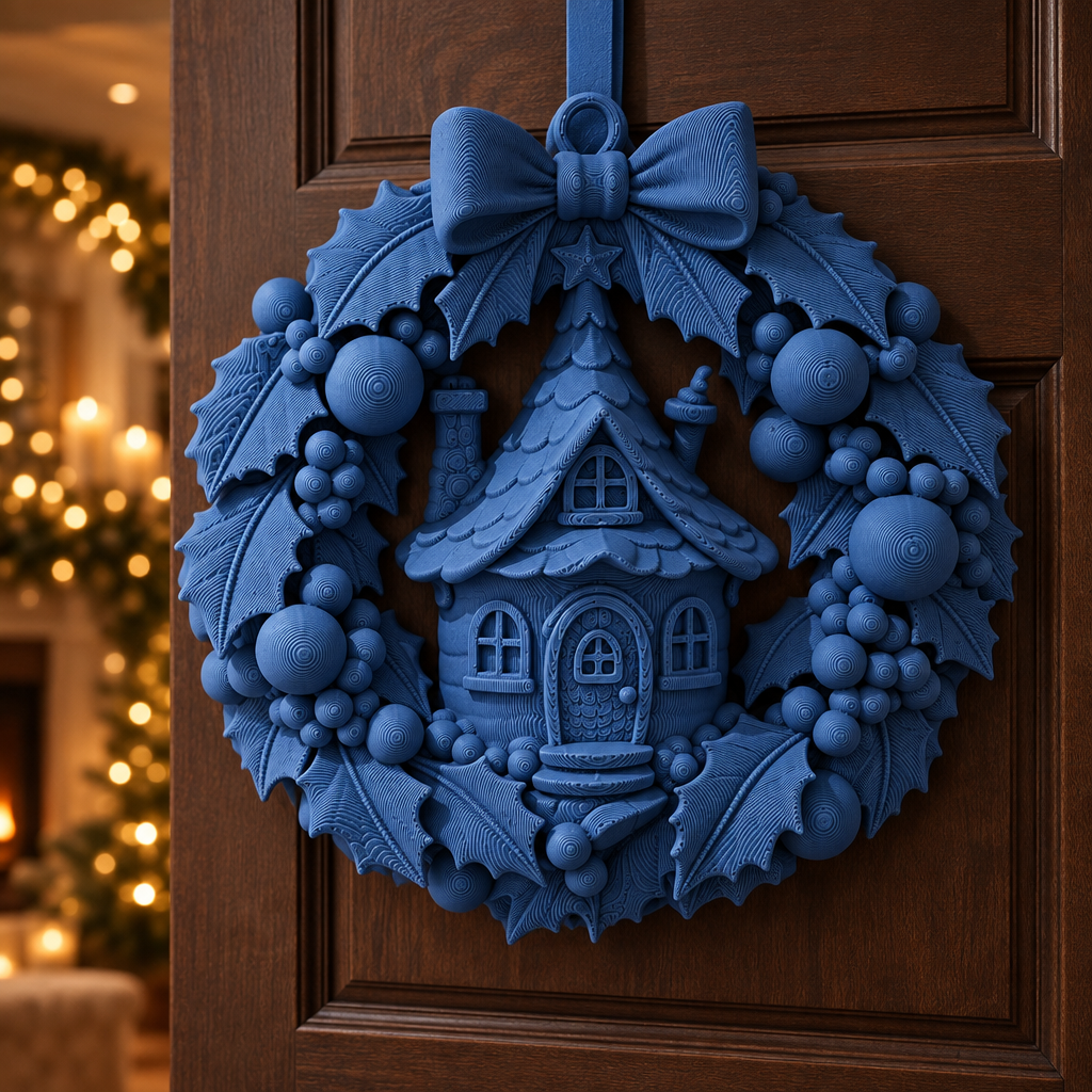 Blue Fairy Cottage Christmas Wreath displayed on a dark wood interior door