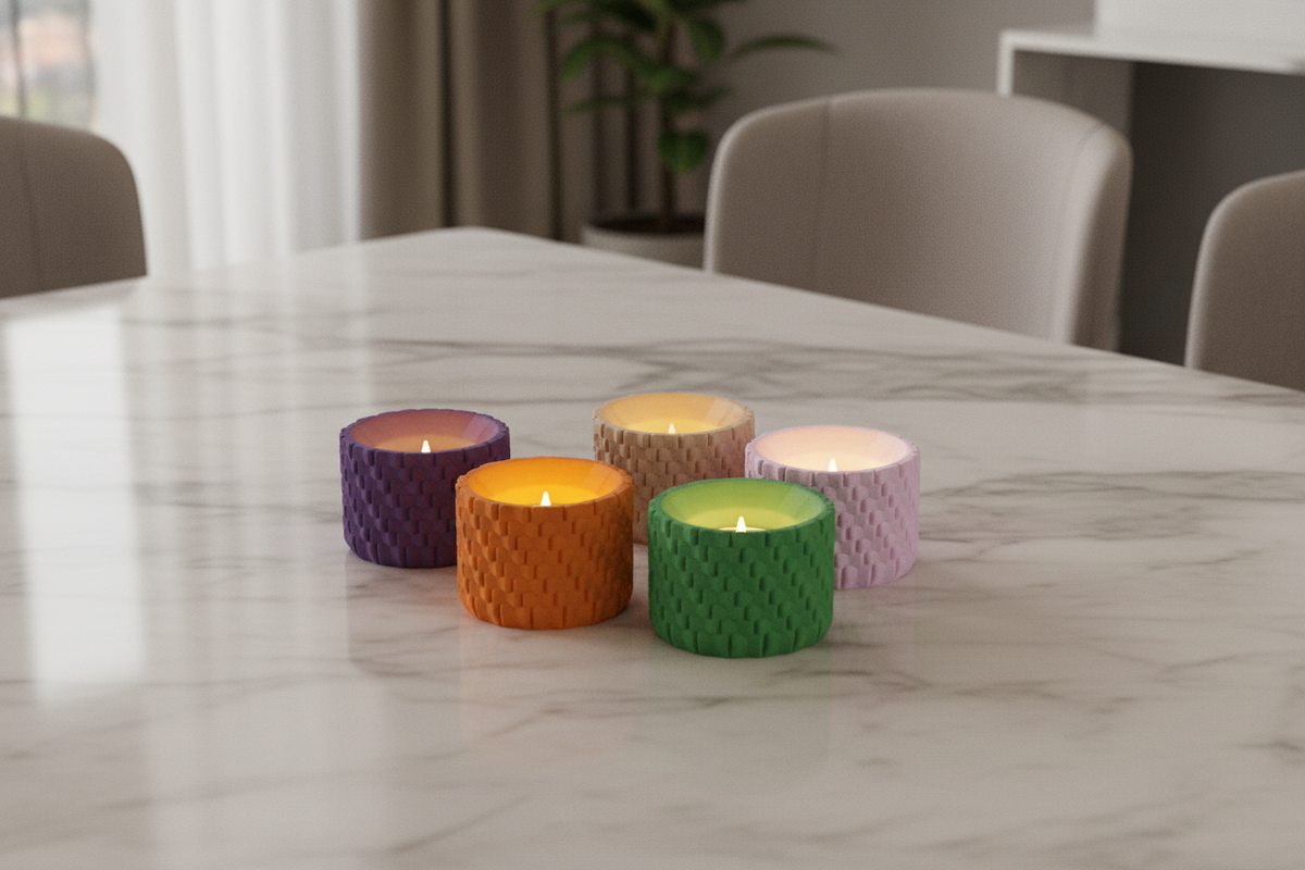 Five Woven Texture Tealight Holders purple orange green pink beige woven basket-weave surface glowing LED tealights pale marble dining table soft evening light editorial