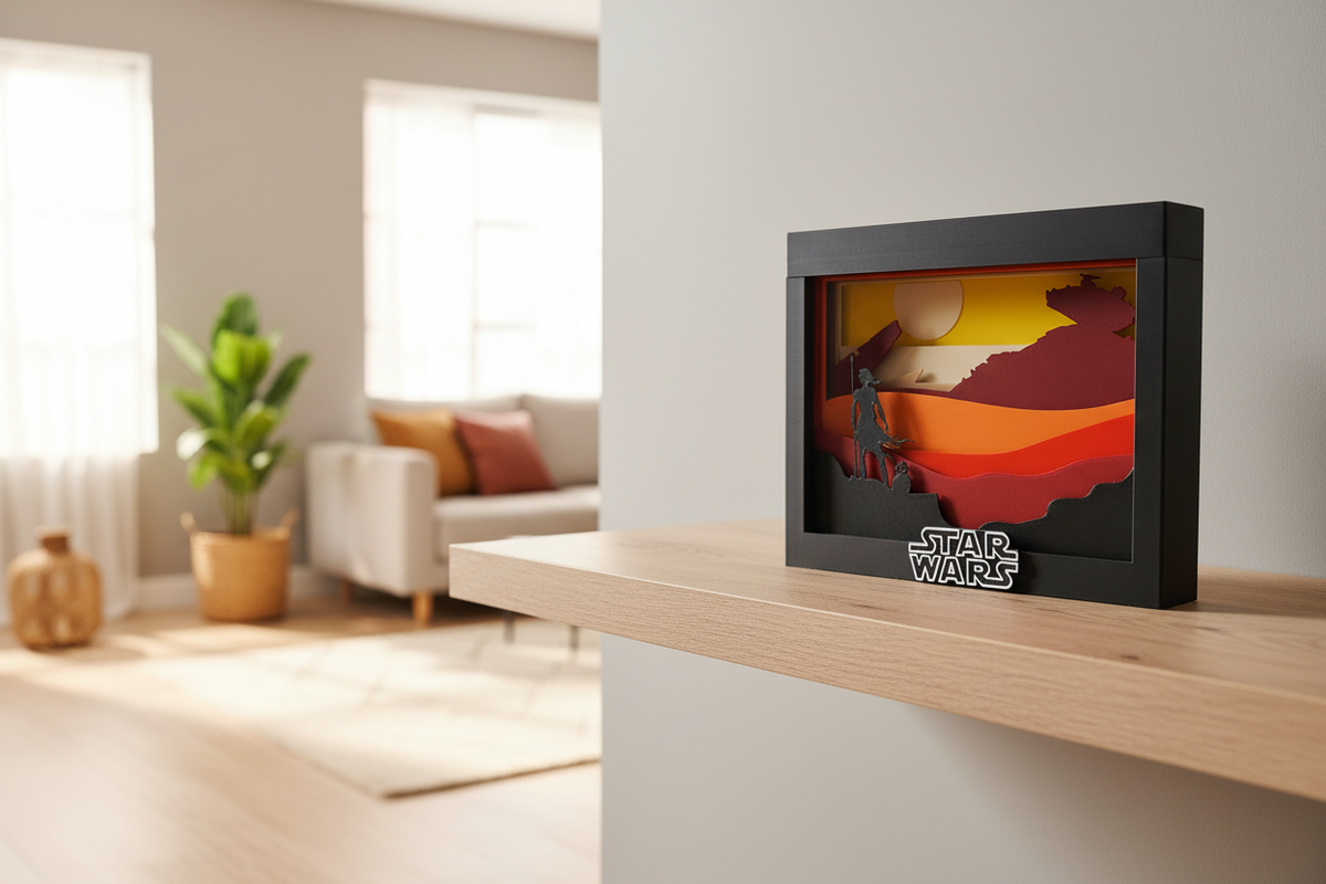 Star Wars Jakku Shadow Box on a light wooden shelf in a bright Scandinavian living room with warm natural light
