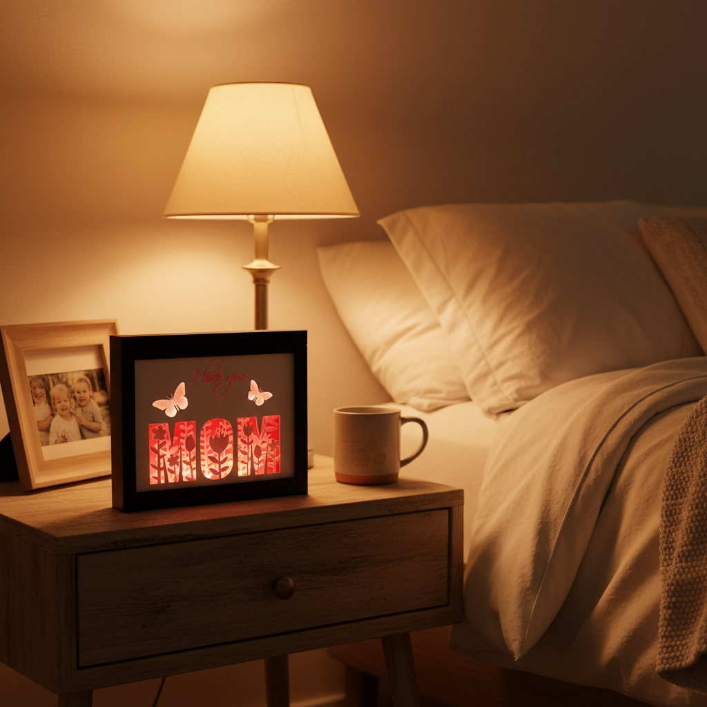 Mother's Day Shadow Box glowing softly on a bedside table in a cosy bedroom with warm lamp light