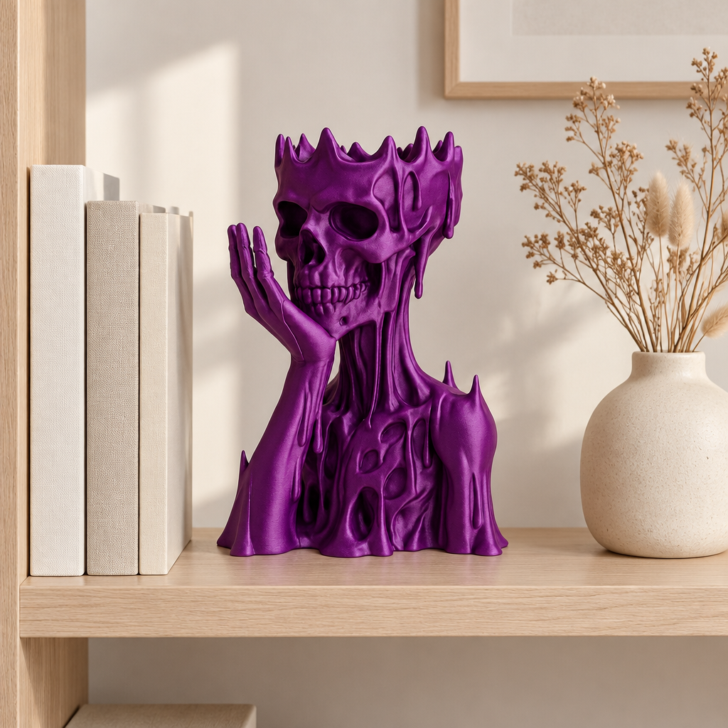 Purple skull and upper torso ornament styled on a pale oak bookshelf with books and a ceramic vase.