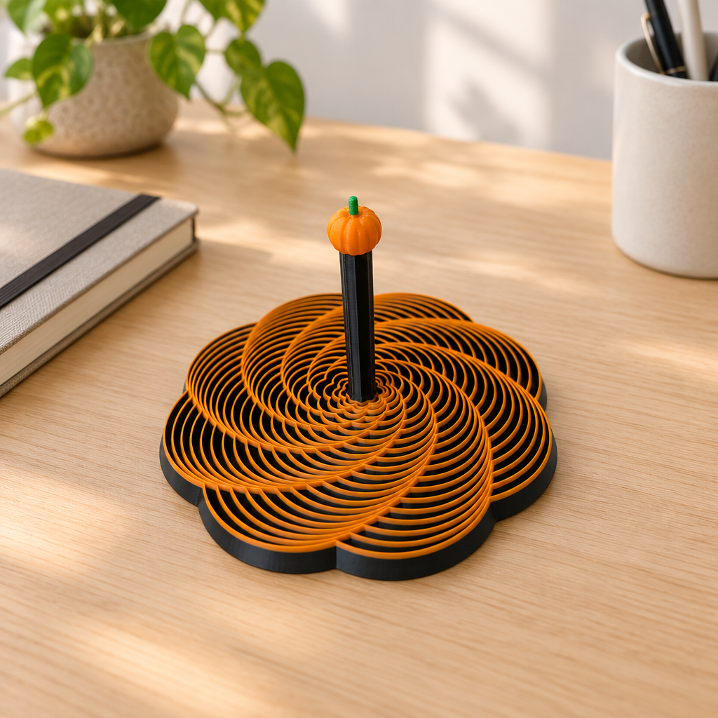 Black and orange pumpkin spiral fidget on a pale oak desk
