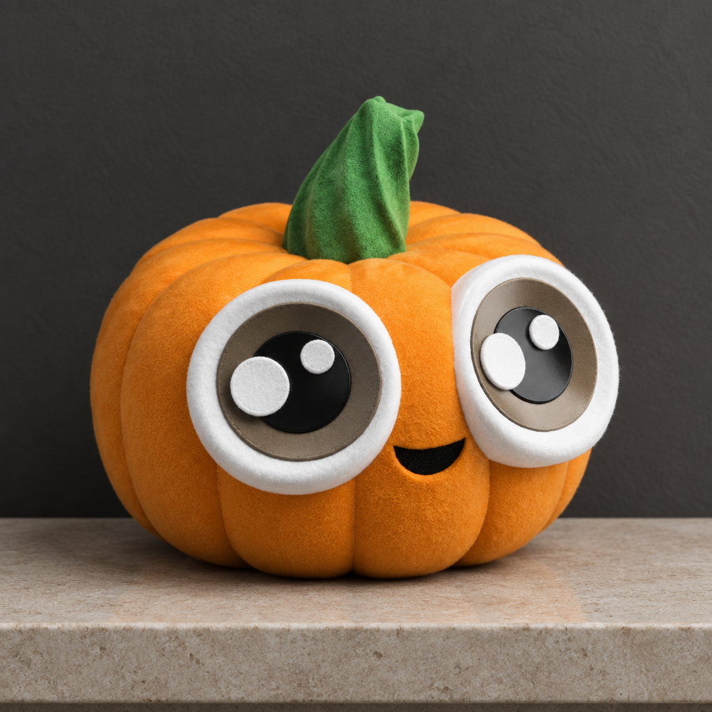 Close-up of the orange pumpkin figure with its large expressive eyes and green stem