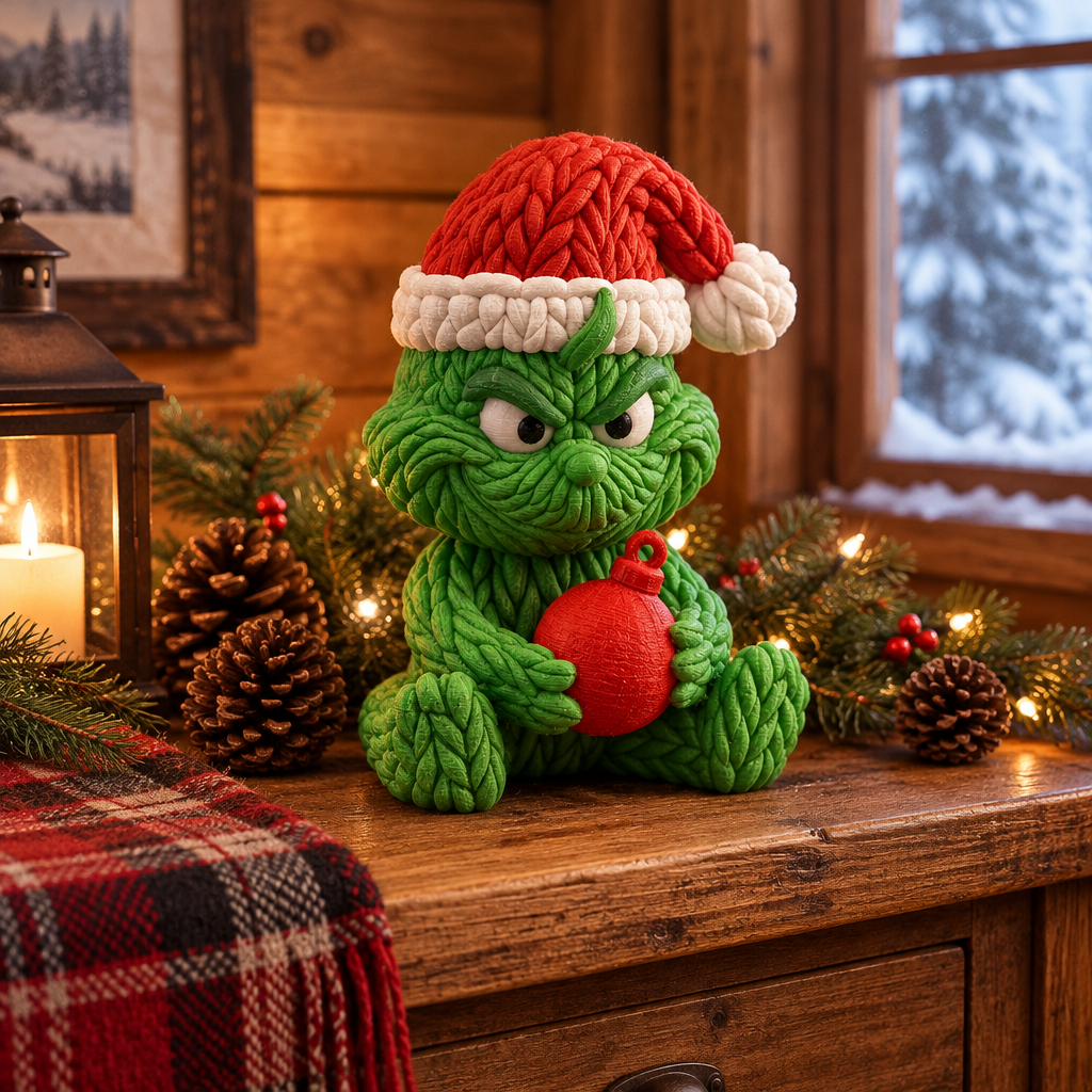 Knitted Grinch figure on a rustic console with evergreen and red plaid accents